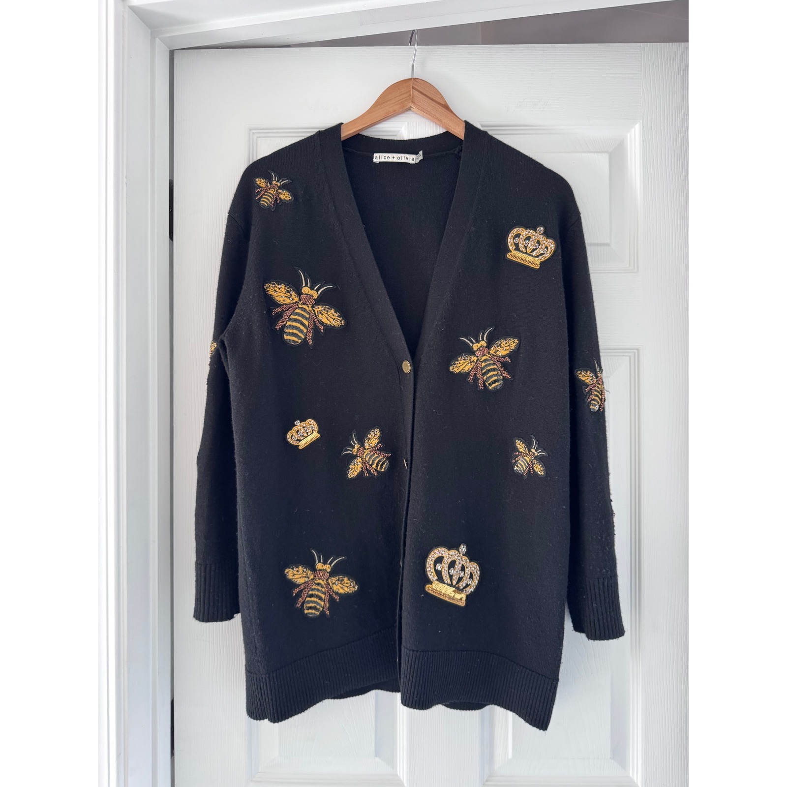 Alice + Olivia Bradford Bee Wool Black Gold Cardigan Oversized Trending